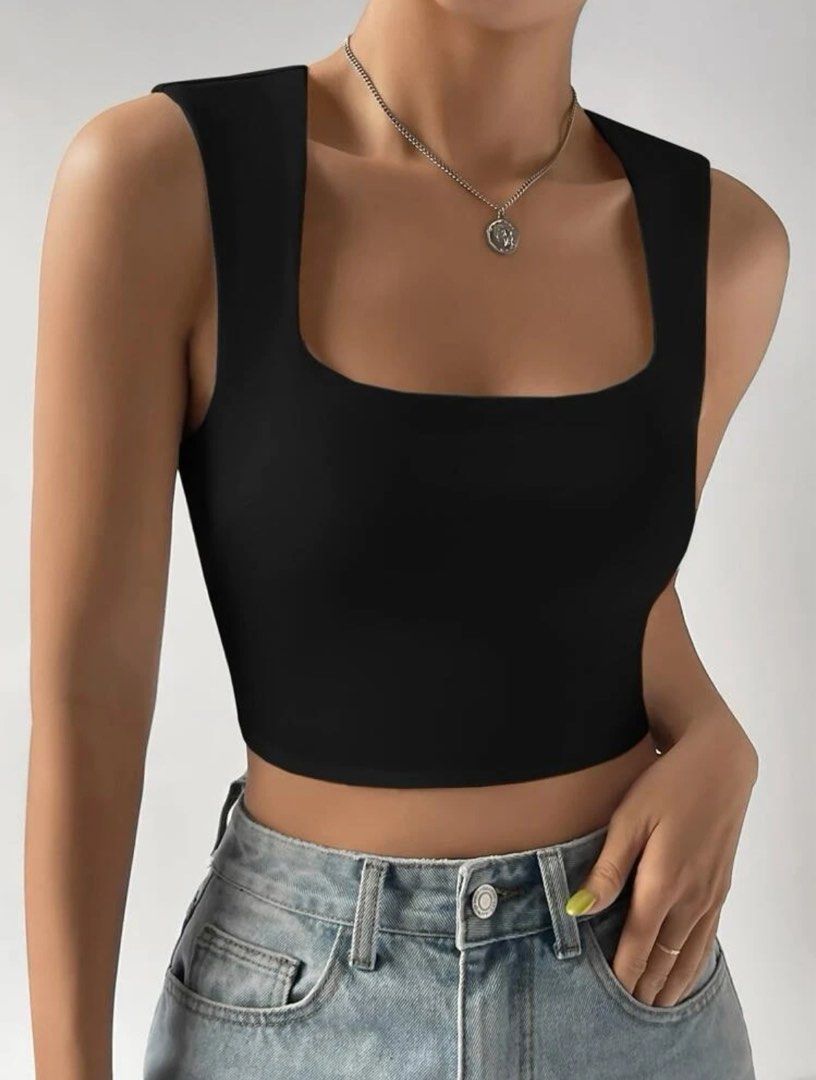 Shein Ezwear Square Neck Ruched Side Crop Tee