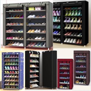 Erone Shoe Rack Storage Organizer , 28 Pairs Portable Double Row with Nonwoven Fabric Cover Shoe Rack Cabinet for Closet (Black)