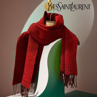 👑YSL聖羅蘭｜Yves Saint Laurent 紅色花紋100%毛料流蘇圍巾Size:38x147cm#二手