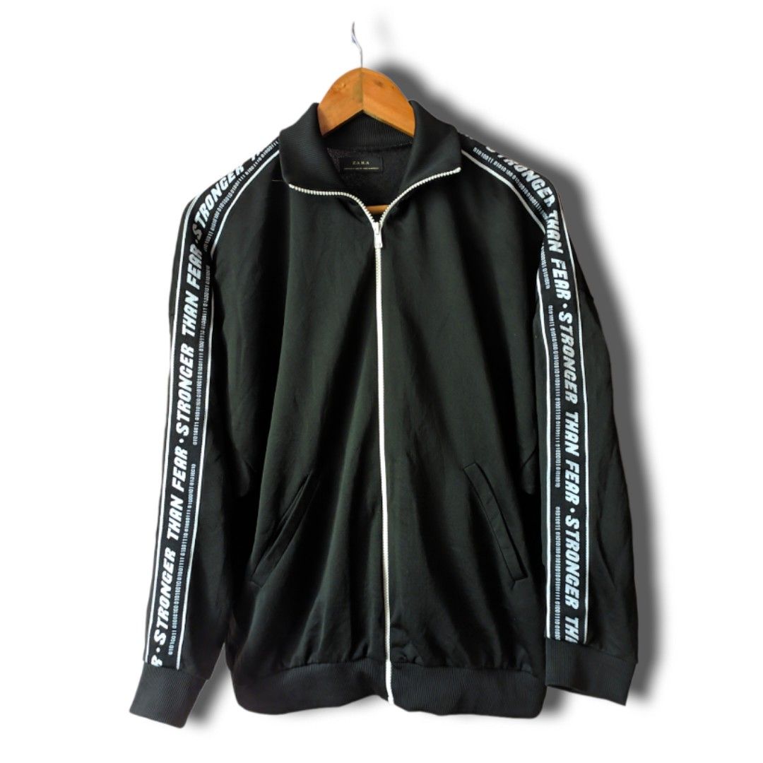 ZARA Stronger Than Fear Track Jacket (Category: Coats, Jackets and Outerwear) located in Taguig. Submitted by dropthatstuffph (Listing ID 1270144967, Image 1). Description: Size: Medium *cut washtag*.