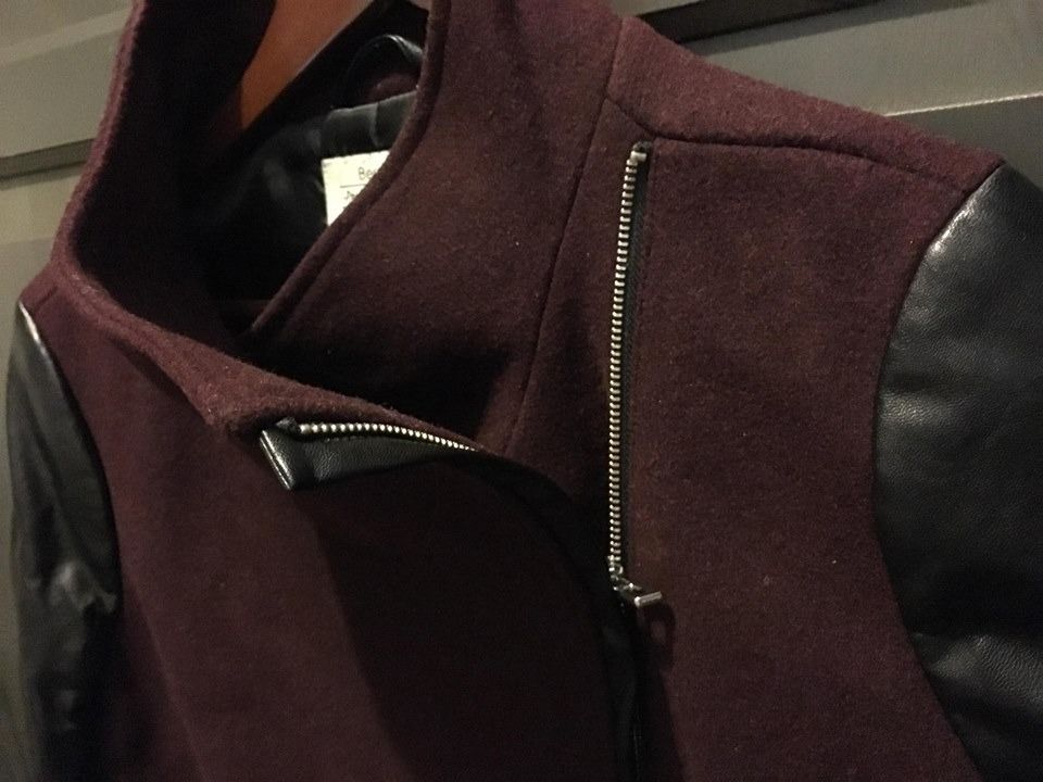 100 NEW Bershka Slim Cut Wool Coat with Faux Leather Sleeves