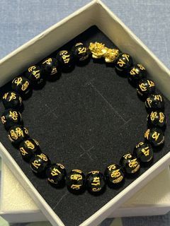 24K HK Gold PiYao in Obsidian Mantra Bracelet