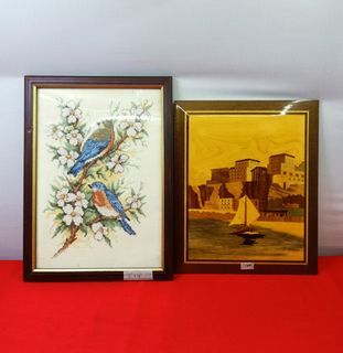 9"x11" Lacquered Wood art and 8"x12" framed bird Cross-stitch for 950 each *V34
