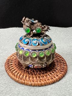 老藏銀（足紋款）鑲嵌寶石聖獸麒麟手工琺瑯彩熏香爐