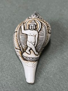 珍品！舊藏西藏純天然右旋法螺藏傳釋迦牟尼佛傳道浮雕刻法螺法器 精湛器型精美