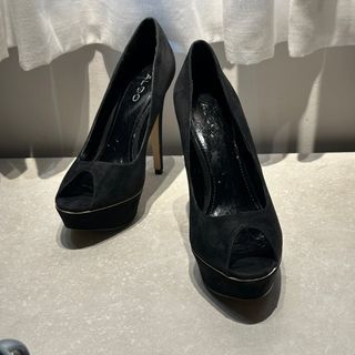 超美 ALDO 二手高跟鞋 魚口 黑 麂皮 根穩 40號 大尺碼