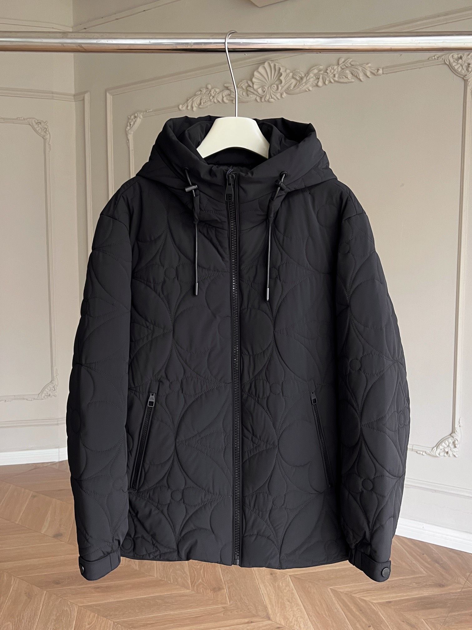 Authentic lv Men s Zippered Hooded Warm Floral Quilted Plaid Cotton Jacket