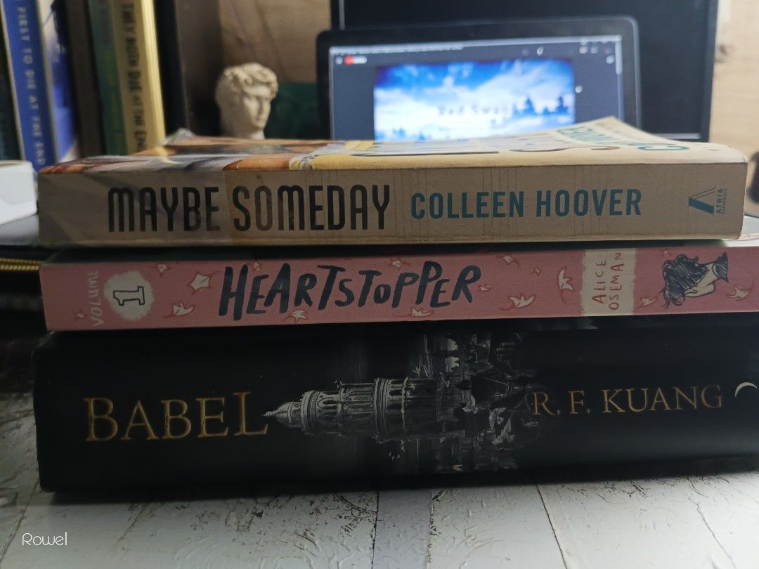 BABEL, HEARTSTOPPER, MAYBE SOMEDAY (Category: Storybooks) located in Cavite. Submitted by rowelroblon4 (Listing ID 1270276643, Image 1). Description: 📌BOOOKSSS FOR SALE!! RFS: DECLUTTERING wala na kong space e HAHAHAAH 📍Maybe someday:250 📍Heartstopper:250 📍BABEL:500 SET:1K Still in good condition once lang nabasa then natengga na HAHAHAH 📍MOP: GCASH 📍J&T/LBC no shopee kasi nawawala libro don ayoko ng mahirapan charot. Location: Dasmariñas C