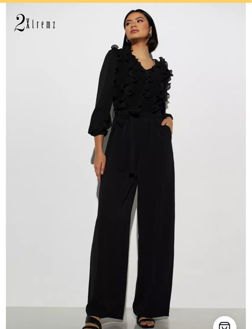 SHEIN Cold Shoulder Ruffle Detail Belted Palazzo Jumpsuit