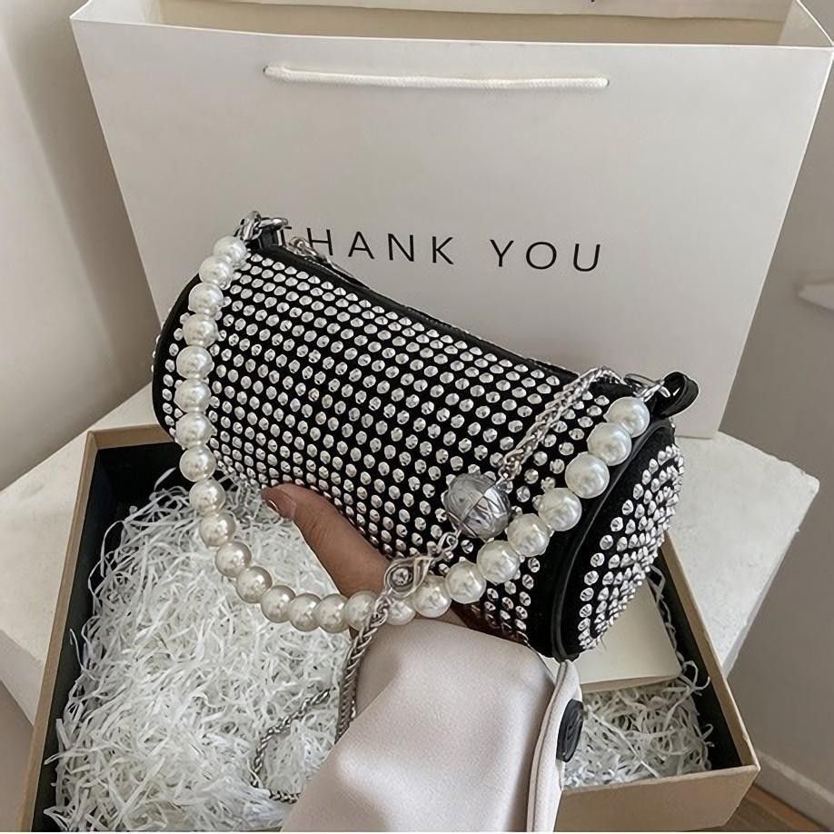 Blink Cylinder Sling Bag Pearl Handle Handbag Chain Party Tas Selempang Pesta Tabung Mutiara Resleting Wanita Diosvolt Import 5a