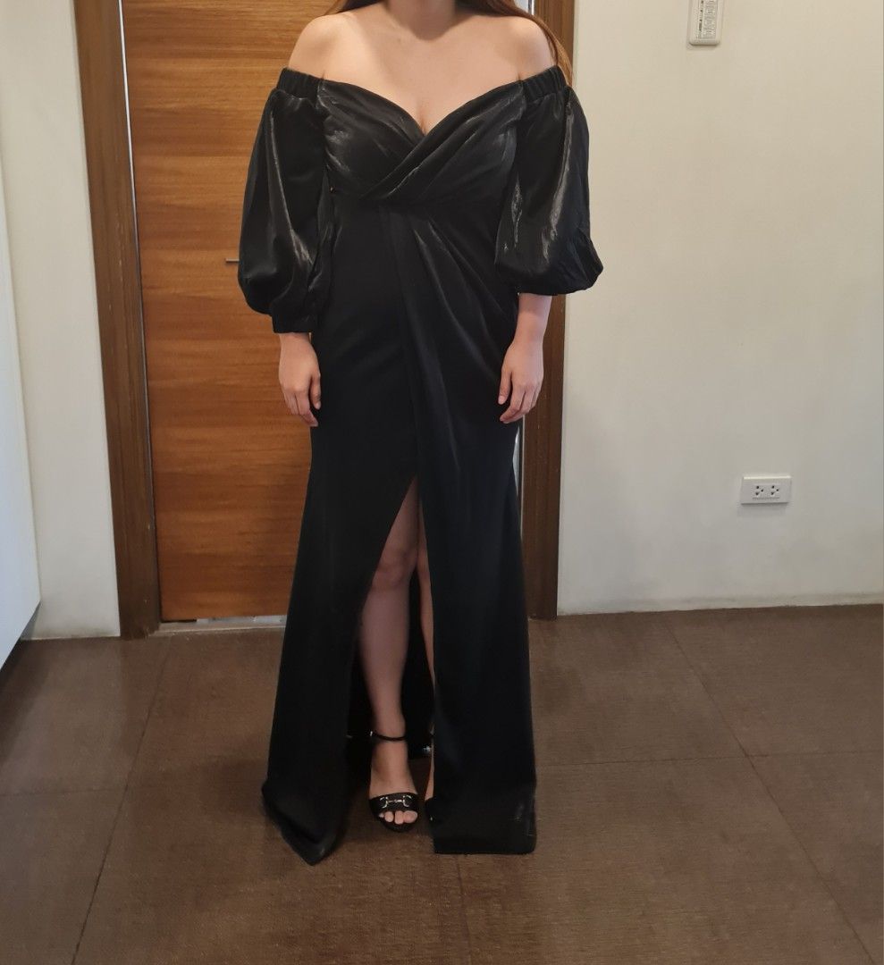 slim fit dress slacks Miss Circle Women's Emberly Fur Trimmed Off-Shoulder Rhinestone Mermaid Maxi Dress