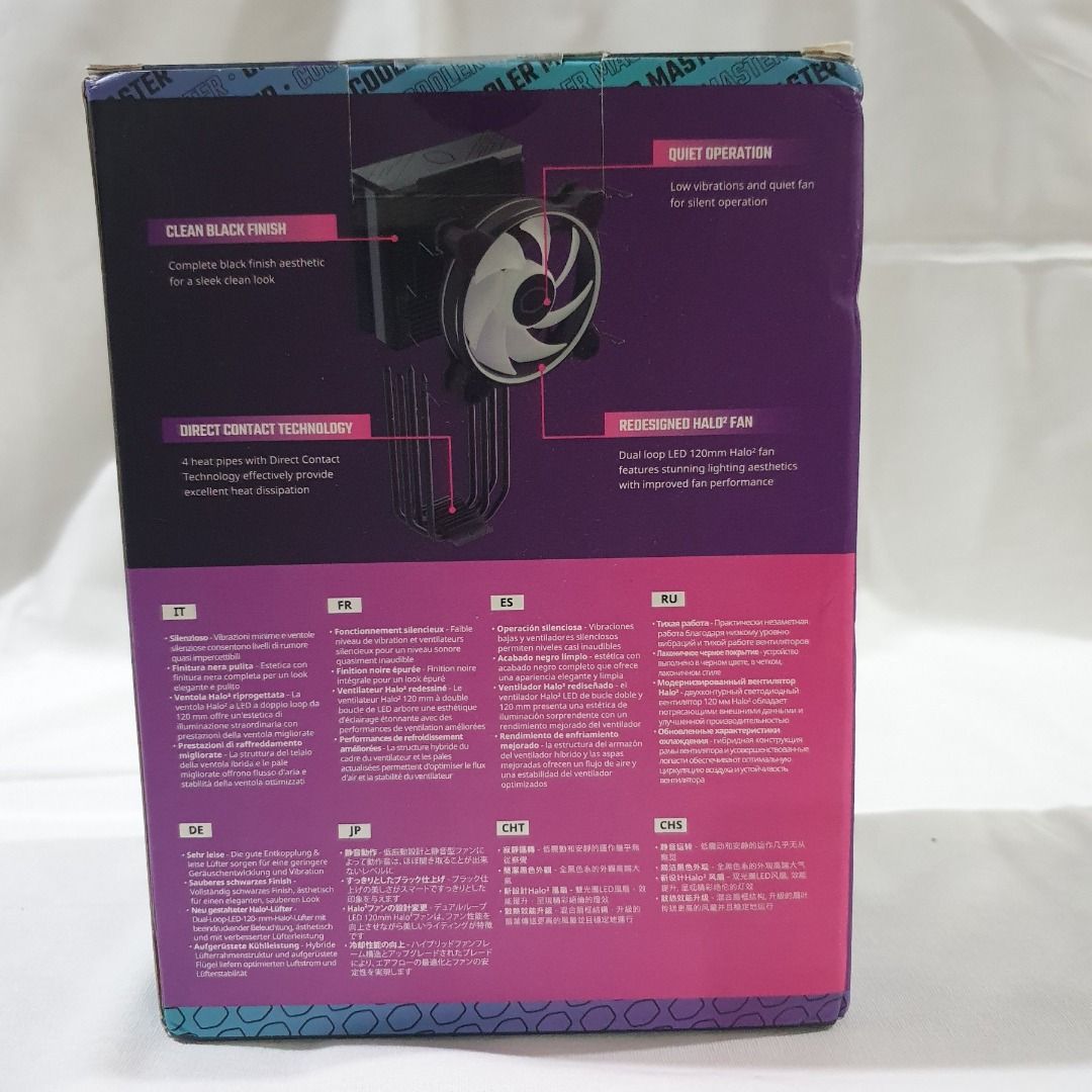 Cooler Master Hyper 212 Halo Black CPU Air Cooler (Category: Computer Parts) located in Mandaluyong City. Submitted by deedumms07 (Listing ID 1270338423, Image 2). Description: Cooler Master Hyper 212 Halo Black CPU Air Cooler, MF120 Halo² Fan, Dual Loop ARGB, Aluminum Top Cover, 4 Copper Heat Pipes, 154mm (H) for AMD Ryzen AM5/AM4, Intel LGA1700/1200 (RR-S4KK-20PA-R1) Brand new, sealed.
