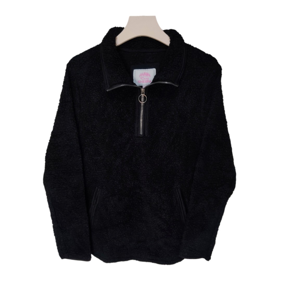 (M) COZY SHERPA Black Half zip Sherpa Jacket, Women's Fashion, Coats ...