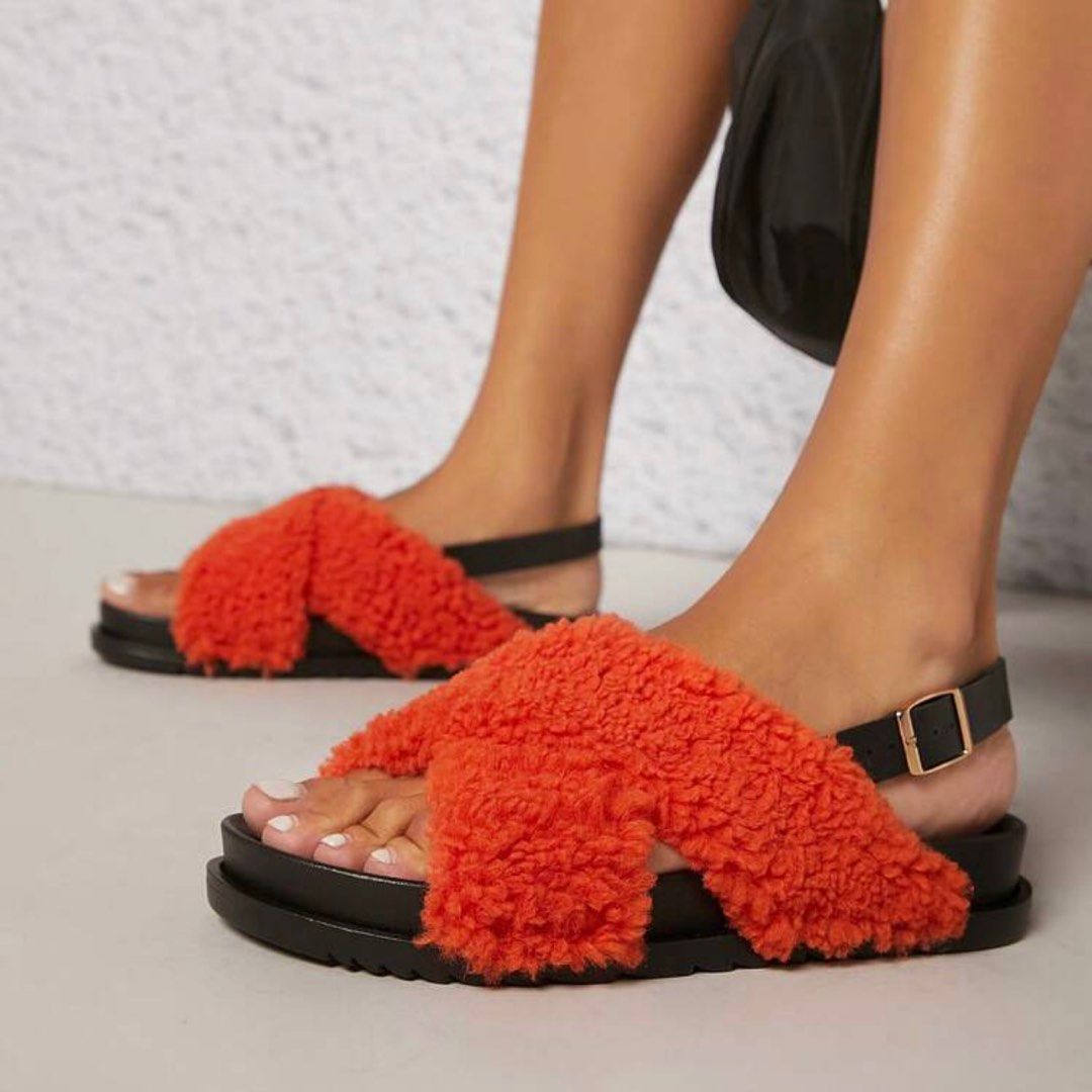 Criss Cross Fluffy Slingback Sandals Women s Fashion Footwear