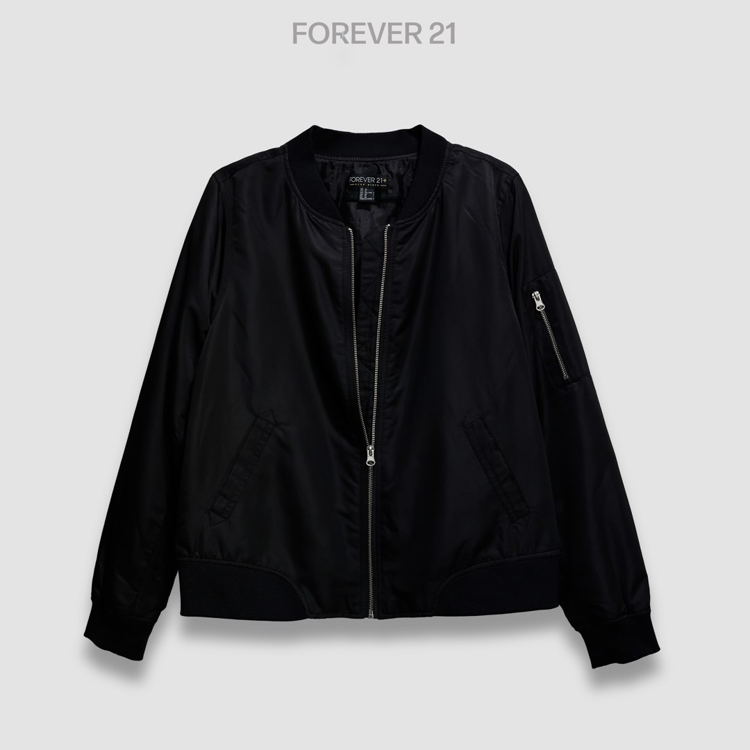 Forever 21 black bomber jacket online
