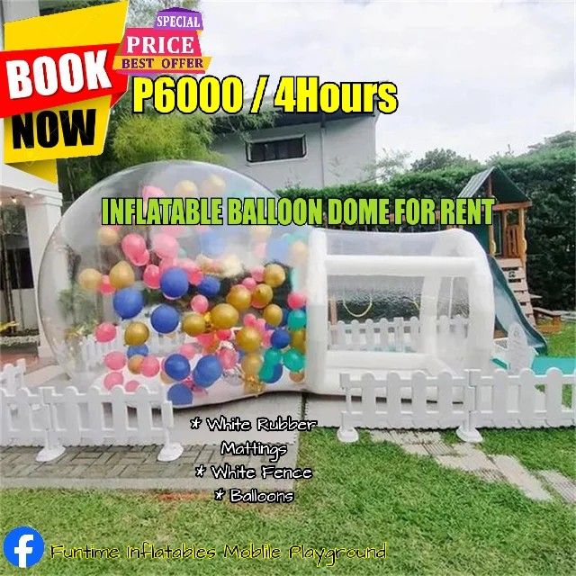 Inflatable Balloon dome Transparent bubble Tent Rotating Balloons (Category: Infant Playtime) located in Manila. Submitted by prettyme101395 (Listing ID 1270309818, Image 1). Description: Affordable inflatables, Mobile playground For hire 🤸 We Customize packages per Client's budget and needs ❤️ We have White inflatable castle with Ballpit Balloon dome Seesaw Double Swing Updown Coaster car rail ride Cute Rideon bouncing inflatables Coin operated