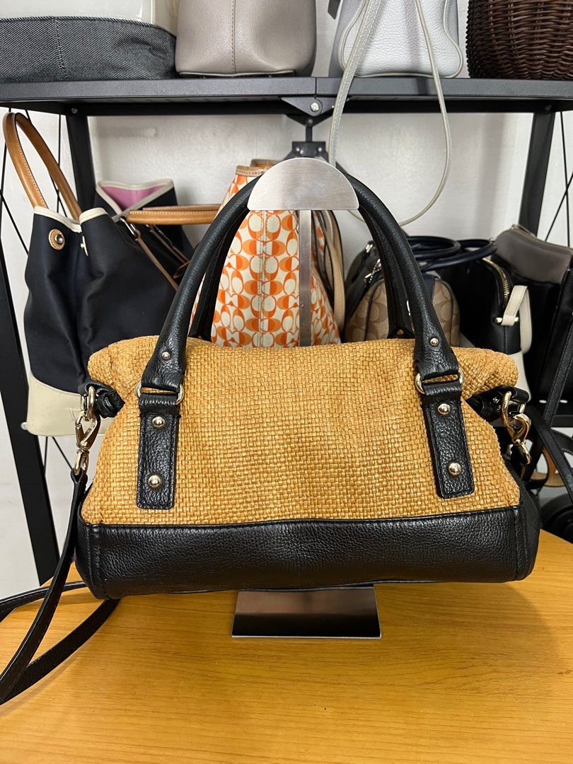 Kate Spade Black Brown Woven Raffia and Leather Leslie Foldover Tote