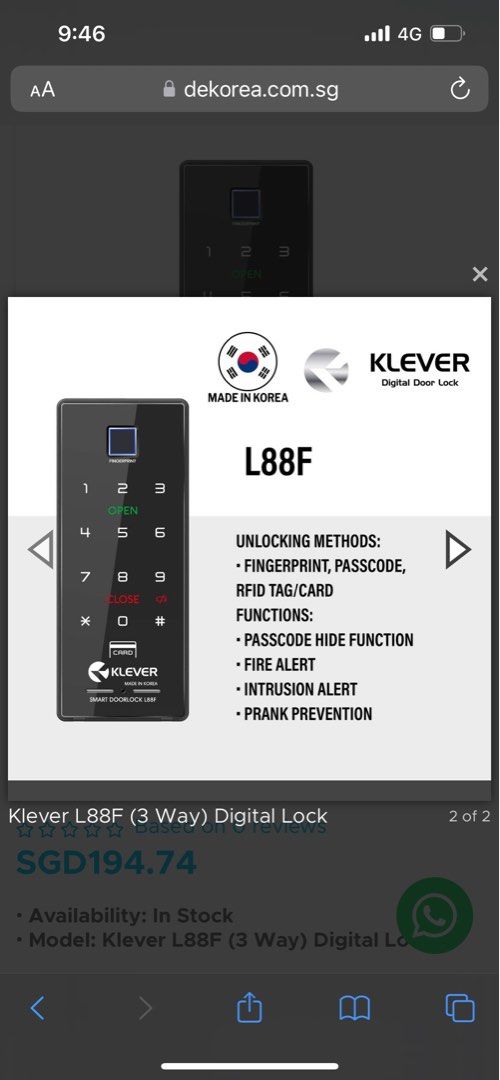 Klever L88F (3 Way) Digital Lock, Furniture & Home Living, Security