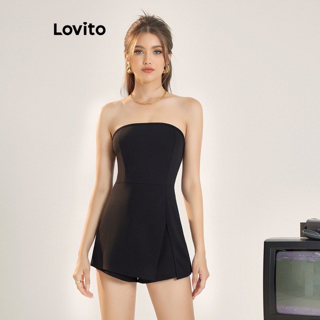 Lovito Elegant Plain Split Romper Women s Fashion Dresses Sets