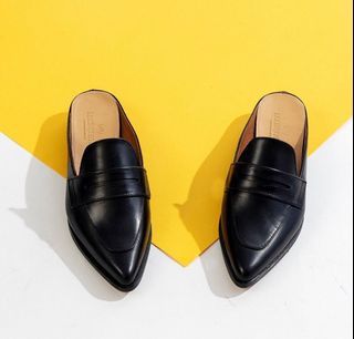 Marquina Shoemaker Leather Posh Penny Loafer/Mule in Black Noir