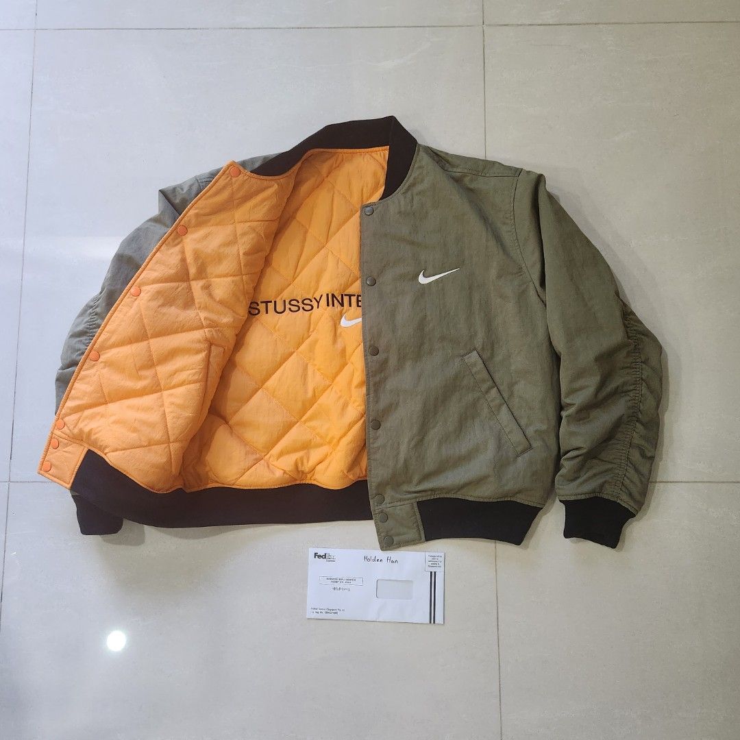 Nike x Stussy Varsity Jacket Olive Orange Reversible Men s