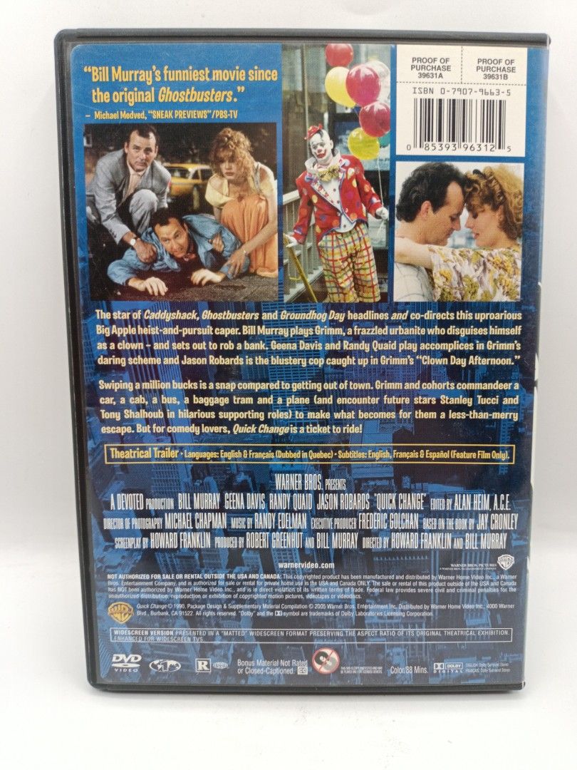 QUICK CHANGE / 1990 Warner Bros ./ US Made / USed DVD, Hobbies & Toys