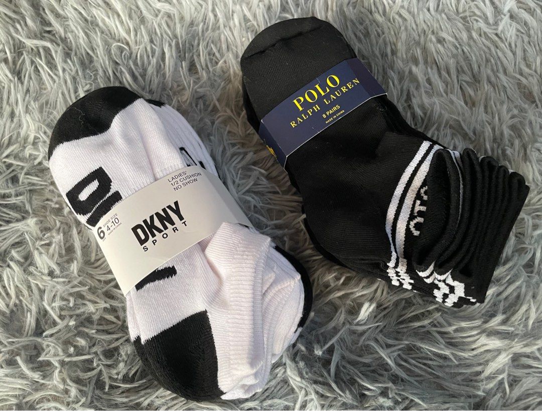 RL Polo Ralph Lauren & DKNY socks (Category: Socks) located in Taguig. Submitted by bridge.castielle (Listing ID 1270347248, Image 1). Description: Brand New & Original Ralph Lauren Socks - 8 pairs for 1800 sock size 9-11; fits shoe size 4-10 1/2 97% polyester; 3% spandex - SOLD DKNY - 6 pairs for 1500 Shoe size 4-10 Ladies’ 1/2 cushion No show 93% polyester; 2% rubber; 2% spandex; 3% other fiber exclusive of Elastic.