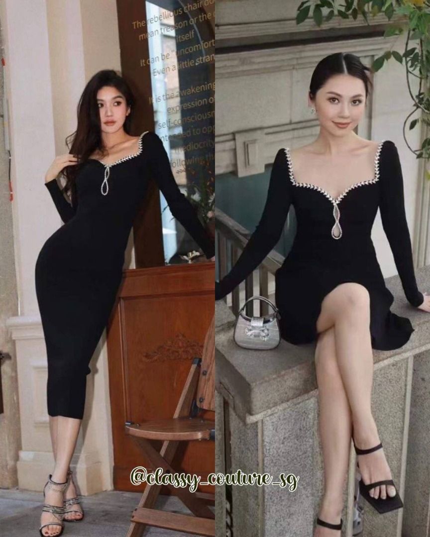 Self-Portrait Black Knit Diamante Mini | Midi Dress | viscose-blend,  Women's Fashion, Dresses & Sets, Dresses on Carousell