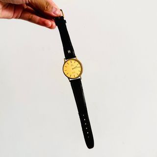STEAL 👍 Omega De Ville Gold Round Dial Black Leather Strap Vintage 32MM Quartz Watch Authentic