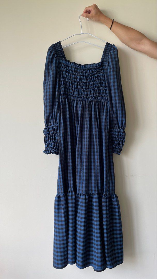 Topshop Shirred bust textured check midi dress size XS