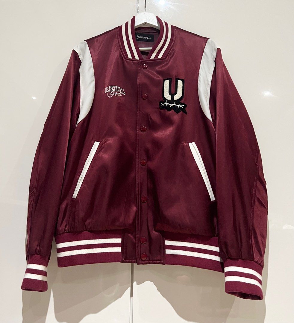 UNDERCOVER 22SS REBEL GODS satin letterman jacket with patch and