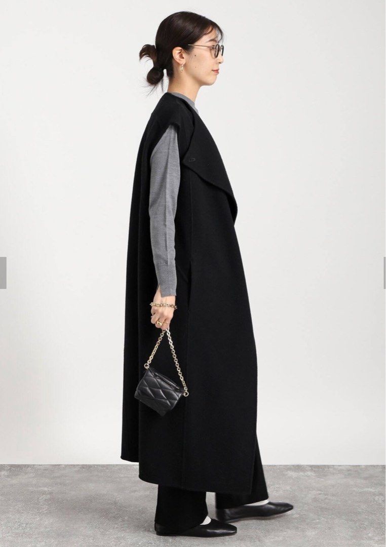 VERMEIL par iena 深藍色高質感無袖設計領長版背心羊毛大衣36號, 她的
