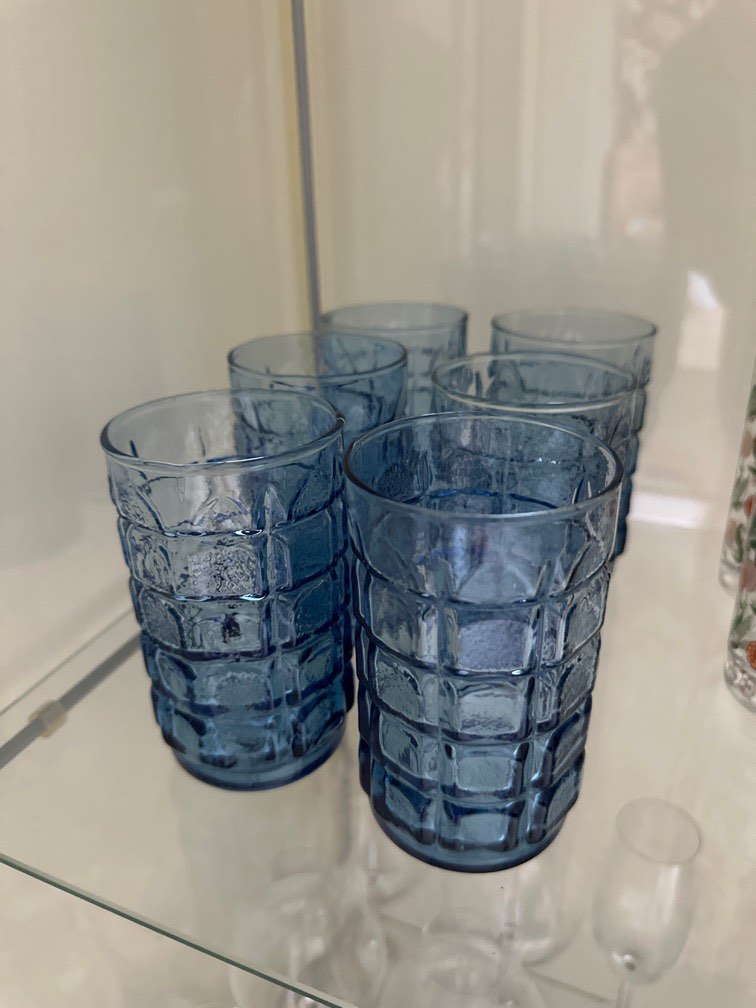 Vintage Textured Blue Drinking Glasses (6 pieces), Furniture & Home