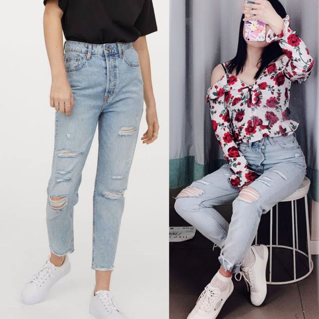 Authentic H M Divided high waisted mom ankle jeans ripped Fesyen Wanita Pakaian Wanita Bawahan di Carousell
