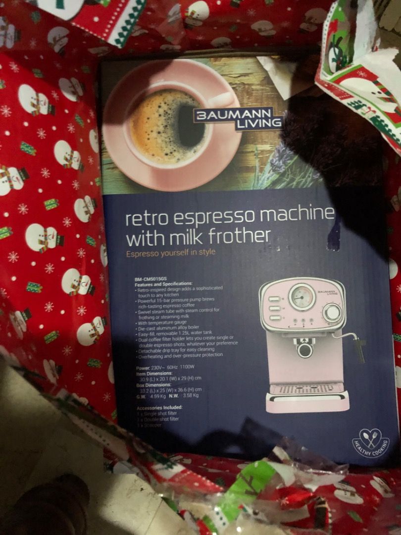 Baumann BRAND NEW Retro Espresso Machine with Milk Frother Pink, TV & Home Appliances, Kitchen