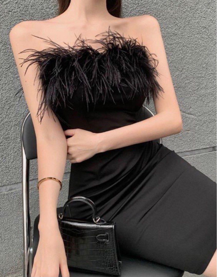 Black Fur Dress with Slit, Women's Fashion, Dresses & Sets, Evening dresses  & gowns on Carousell
