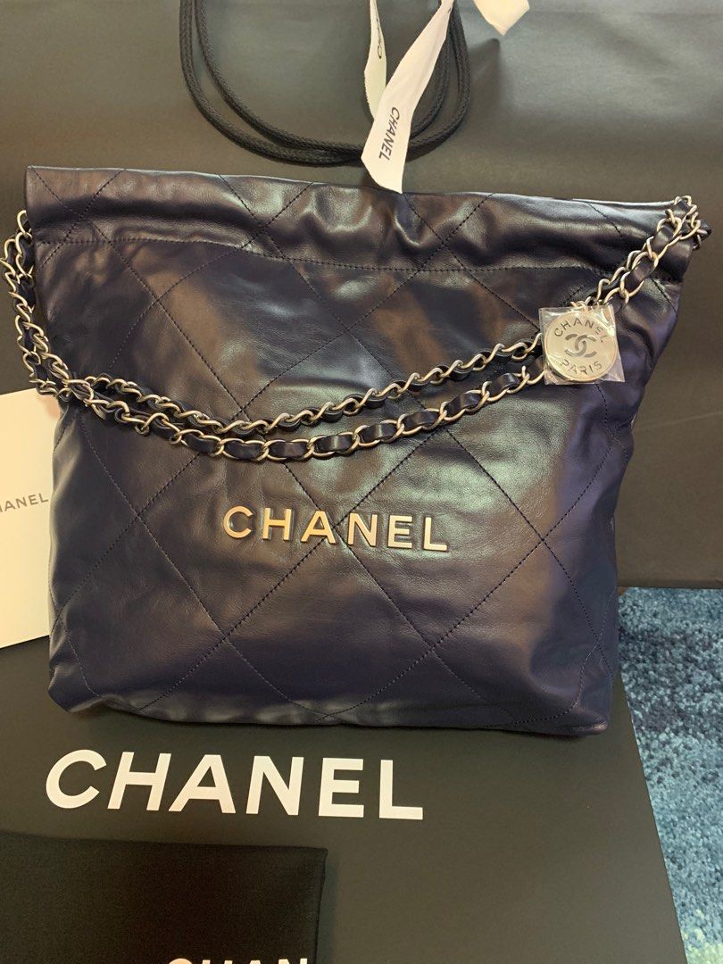 Chanel Bag 22 Blue Silver Small, Luxury, Bags & Wallets on Carousell