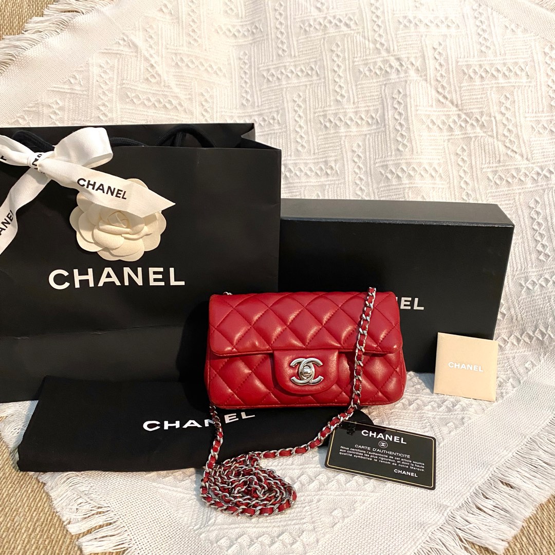 Chanel Classic Mini Rectangle Flap in 15B Burgundy Red Lambskin GHW