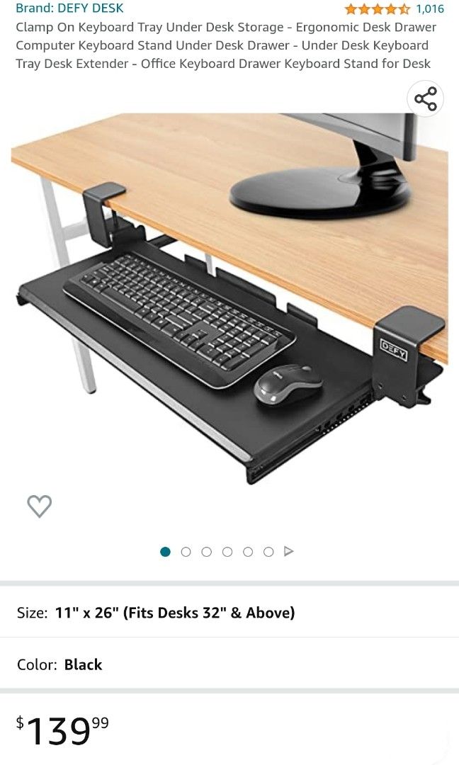 DEFY Desk Clamp On Keyboard Tray Under Desk Storage Ergonomic Desk