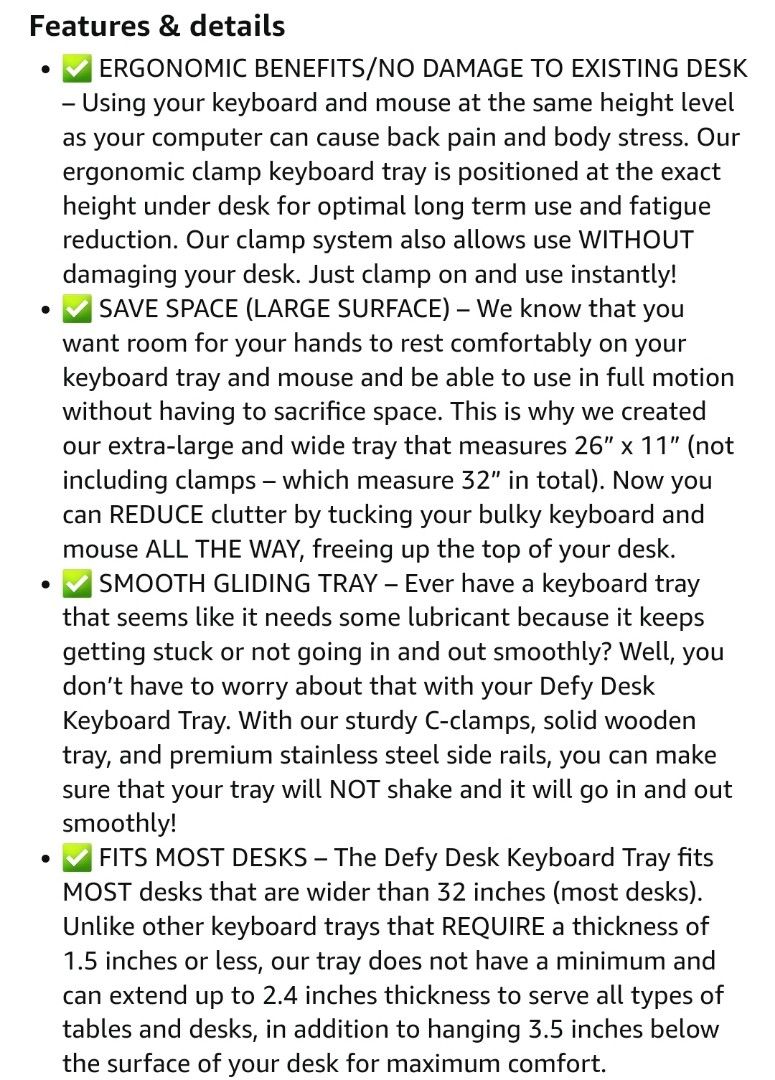 DEFY Desk Clamp On Keyboard Tray Under Desk Storage Ergonomic Desk