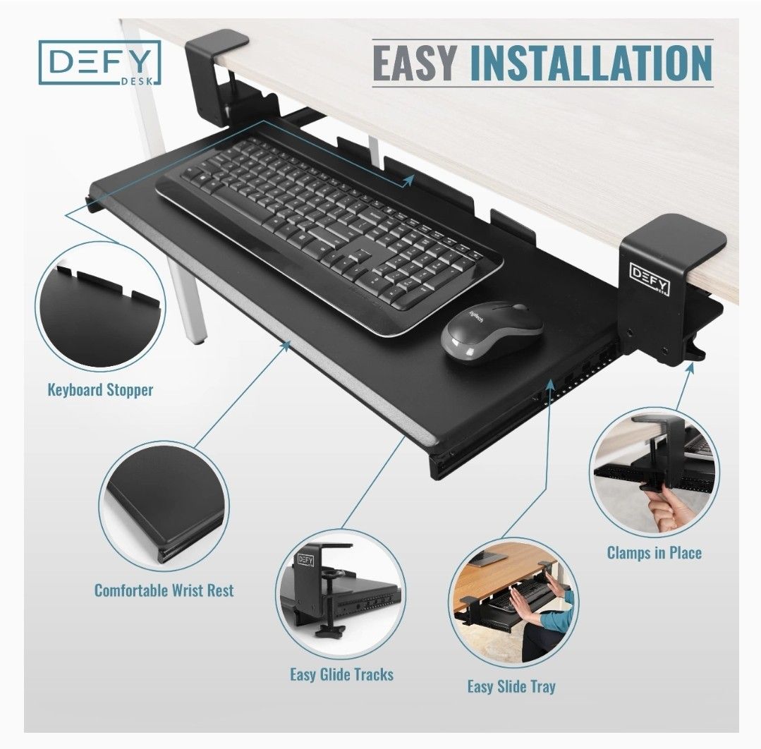 DEFY Desk Clamp On Keyboard Tray Under Desk Storage Ergonomic Desk