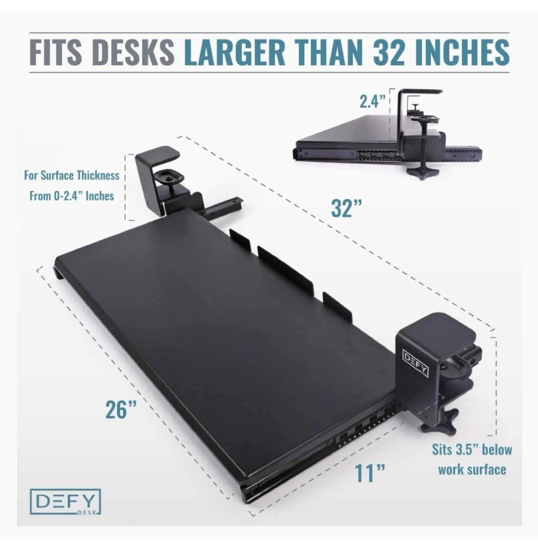 DEFY Desk Clamp On Keyboard Tray Under Desk Storage Ergonomic Desk