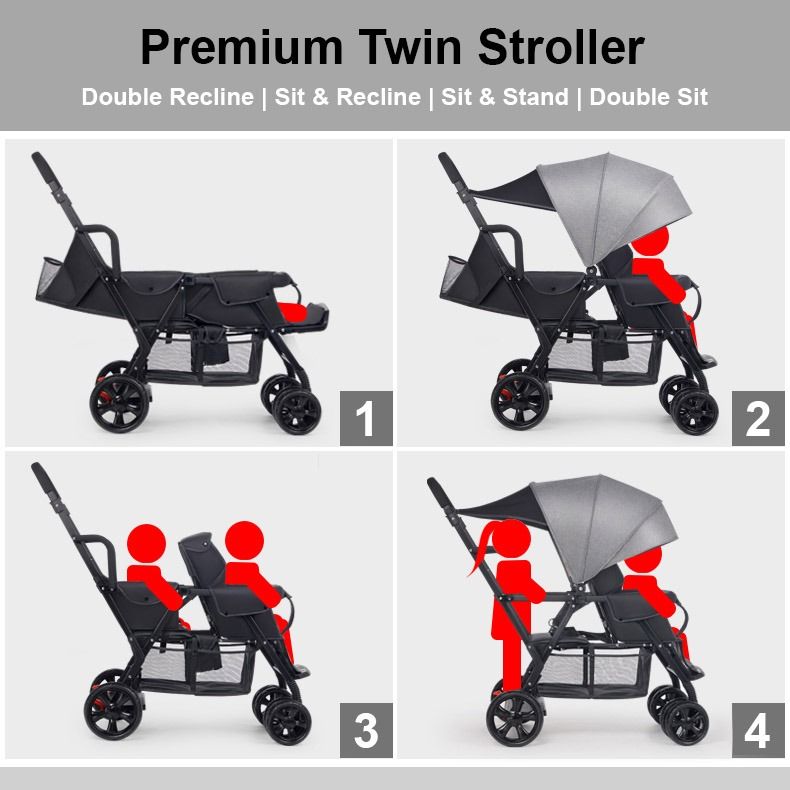 [iDS] FULL Rubber Wheels! Reclining Twin Stroller Double Stroller Dual