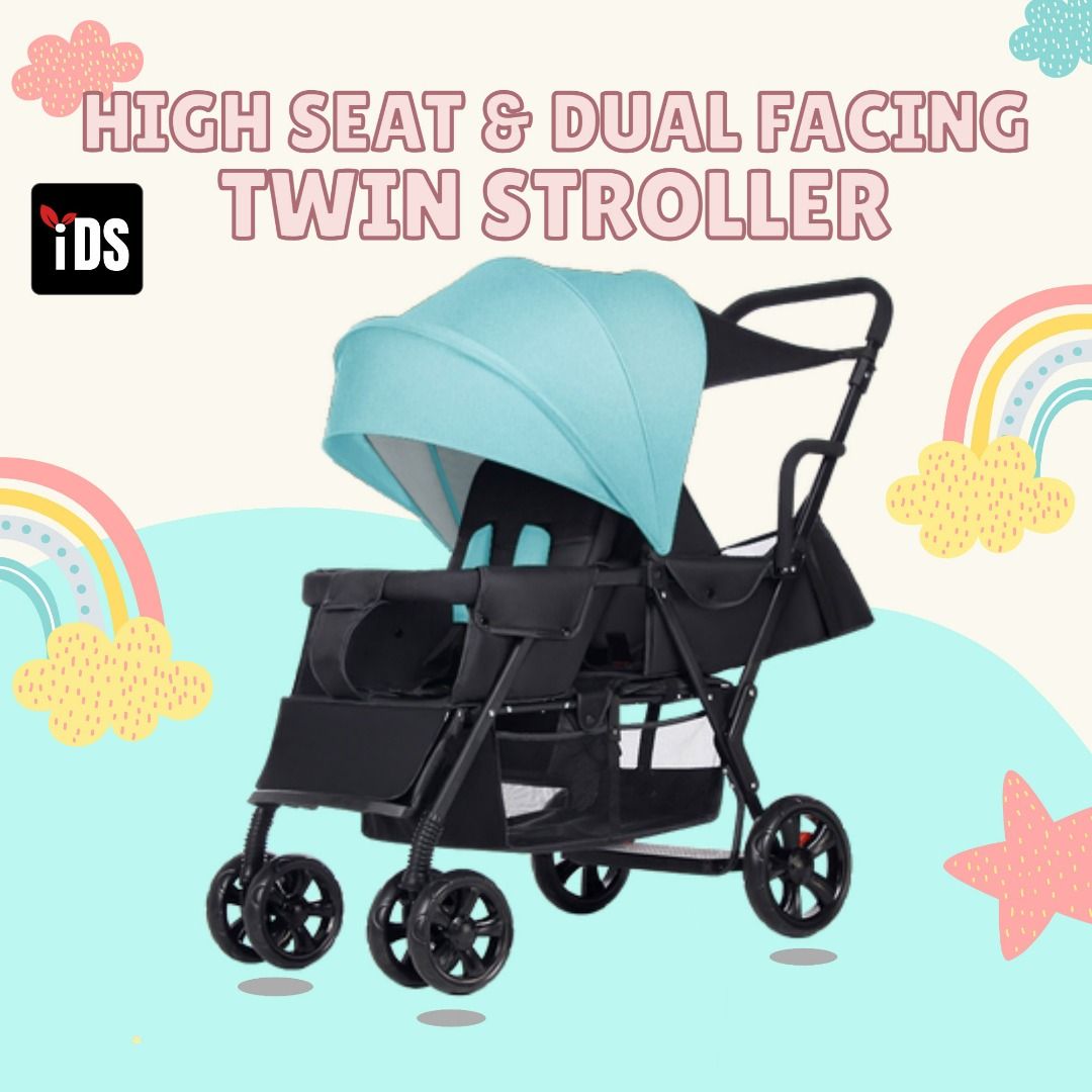 iDS FULL Rubber Wheels Reclining Twin Stroller Double Stroller Dual Stroller Front Back Easy Foldable Big Lockable Wheels