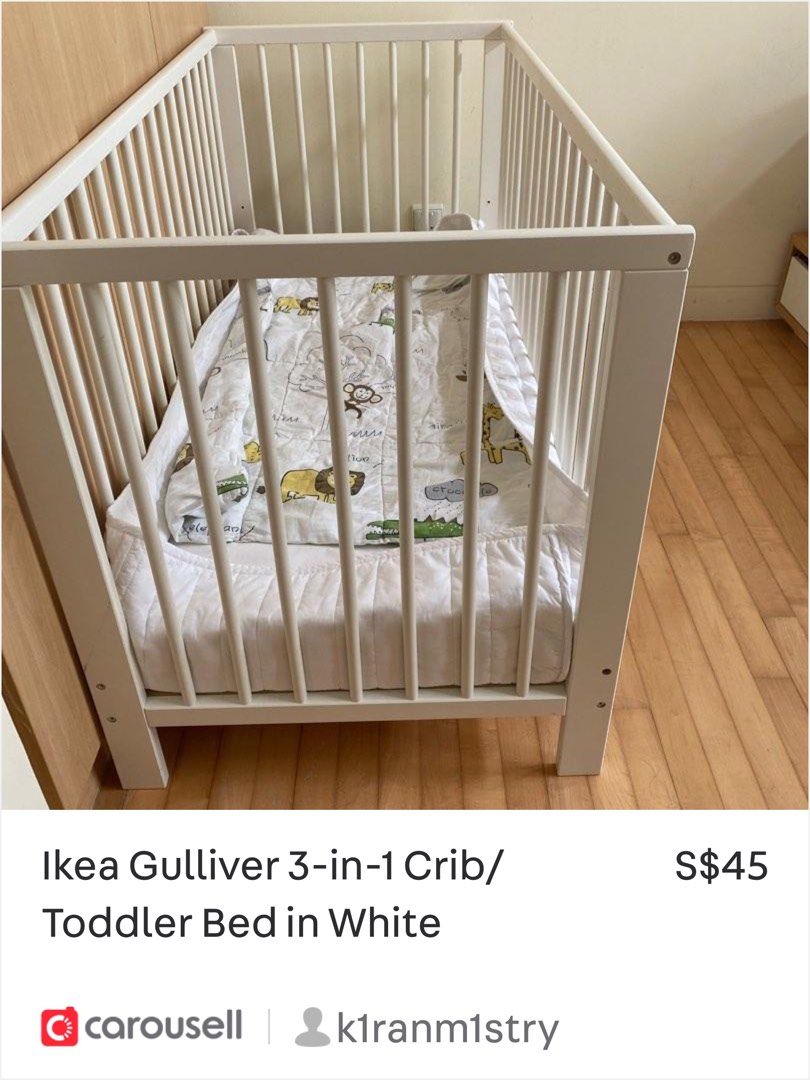 IKEA Gulliver White Cot with mattress, sheets & cot bumper included