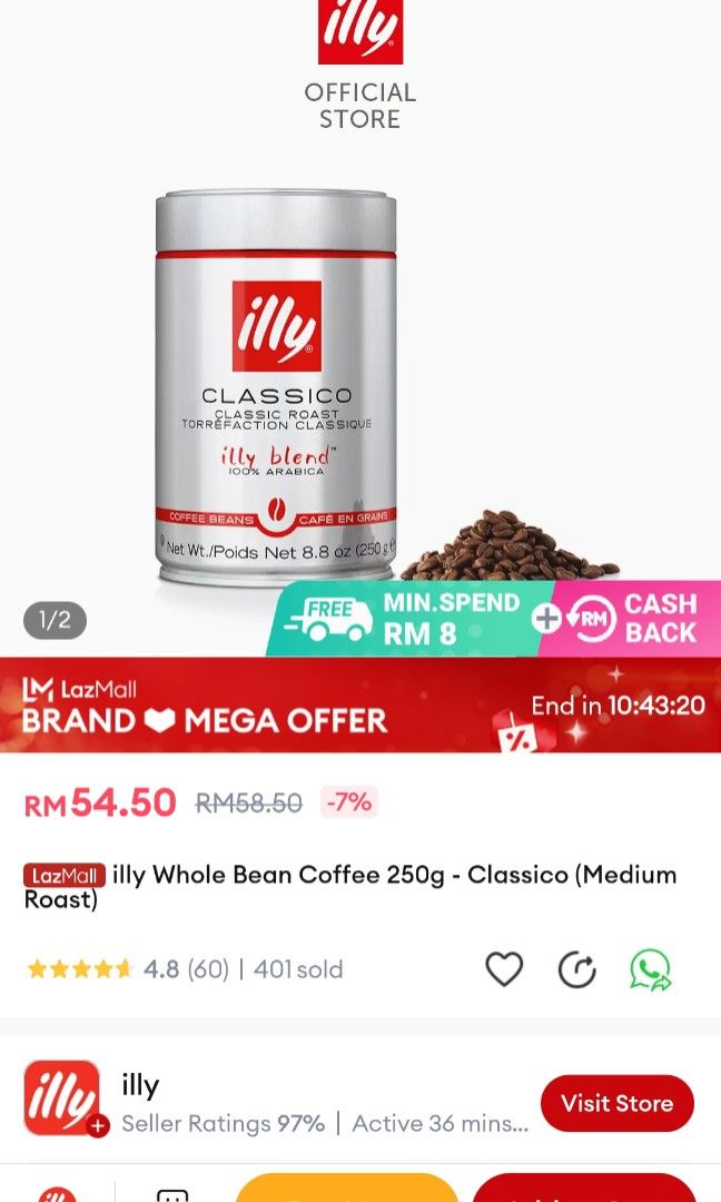 Illy Whole Bean Coffee from UK (250g) 1 unit, Food & Drinks, Packaged