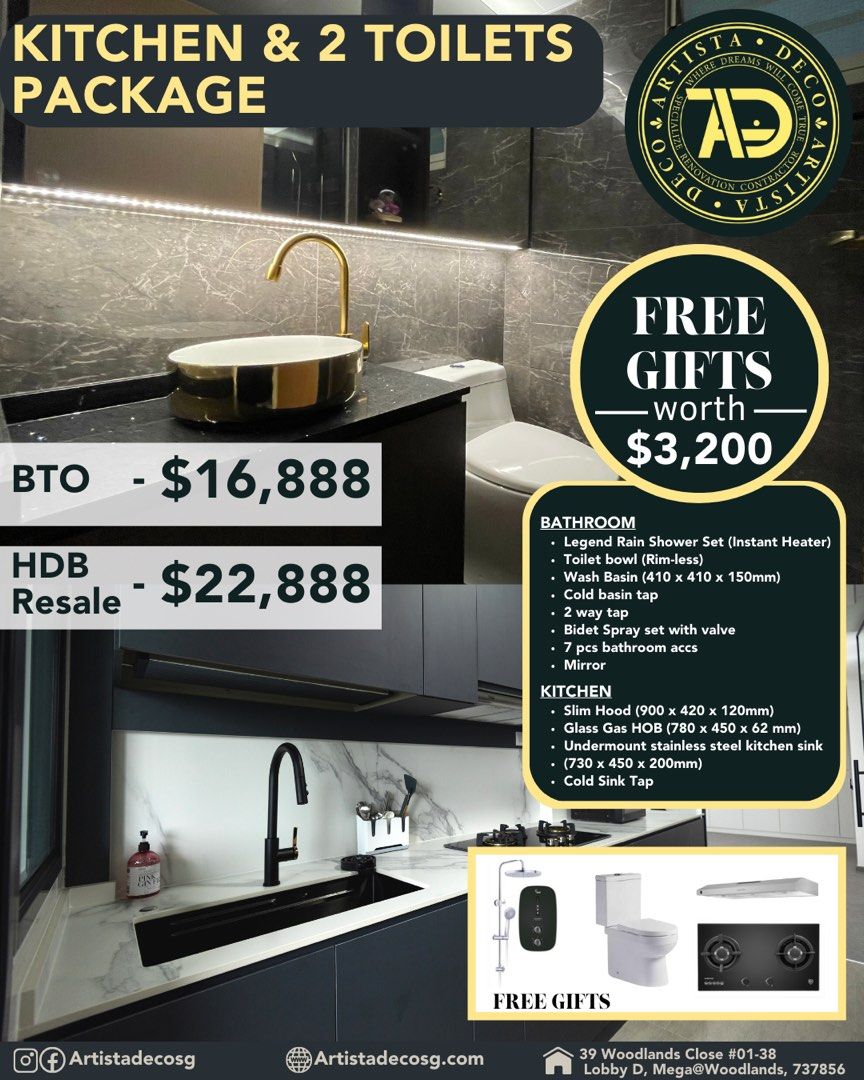 Kitchen & 2 bathrooms renovation package for HDB/BTO [FREE Gifts Worth