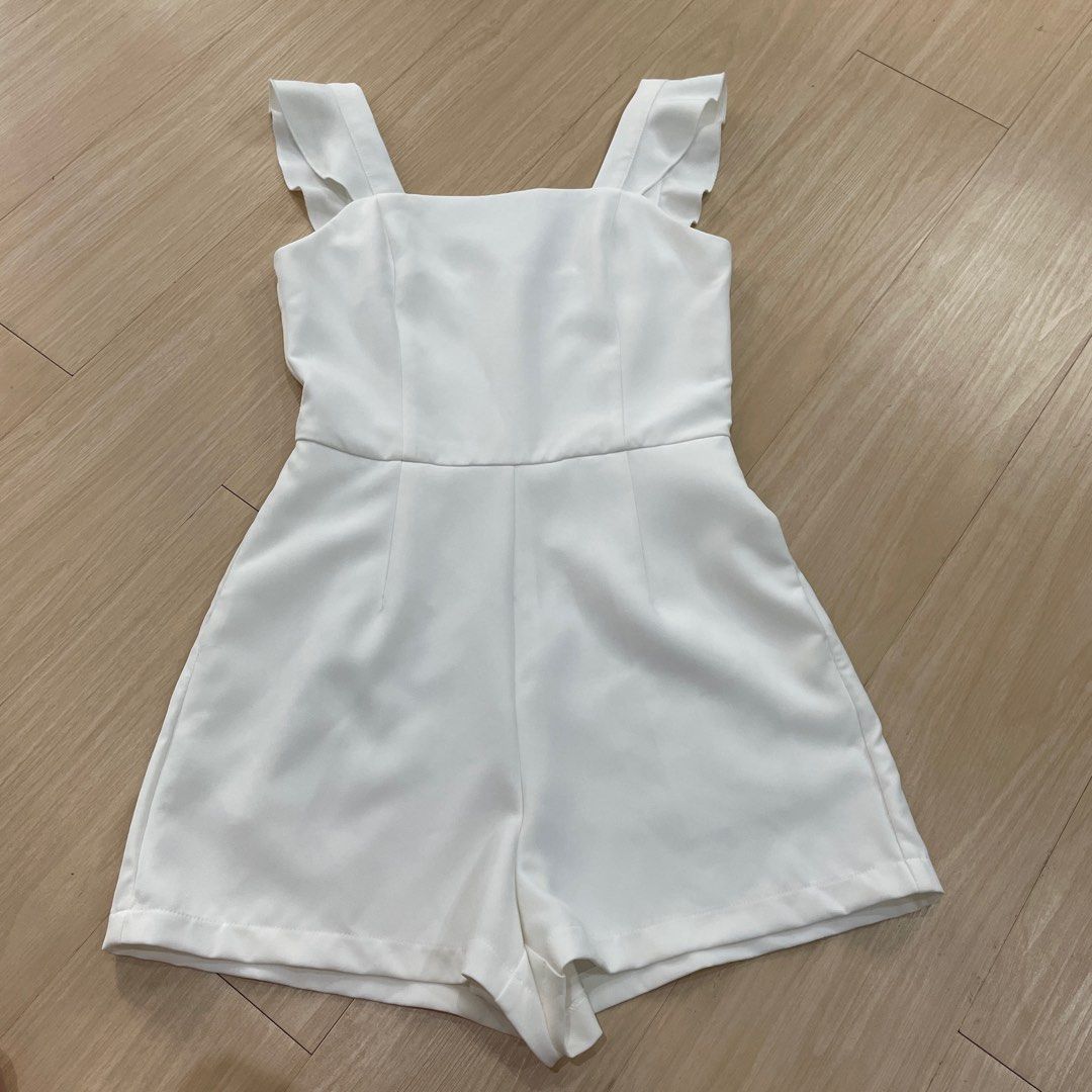 Love Bonito Shealle Ruffle Shoulder Playsuit White Romper Short Jumpsuit  Casual Beach Wear Jumpsuits Romper Setelan Overall Putih Baju Pantai Thrift