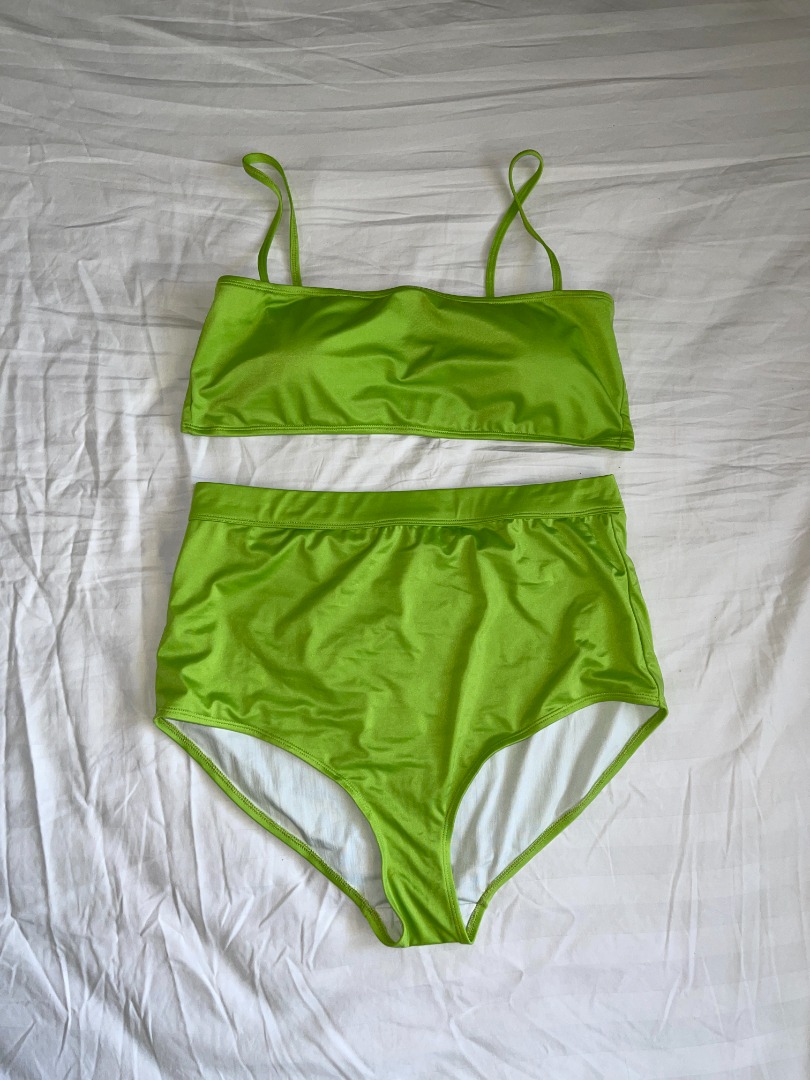 Plus Size Neon Lime Green Bikini High Waist Swimsuit Set, Women's
