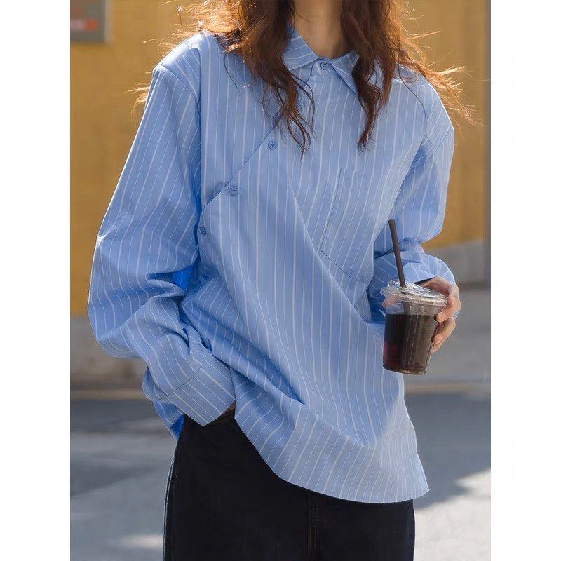 blue and white striped button up womens